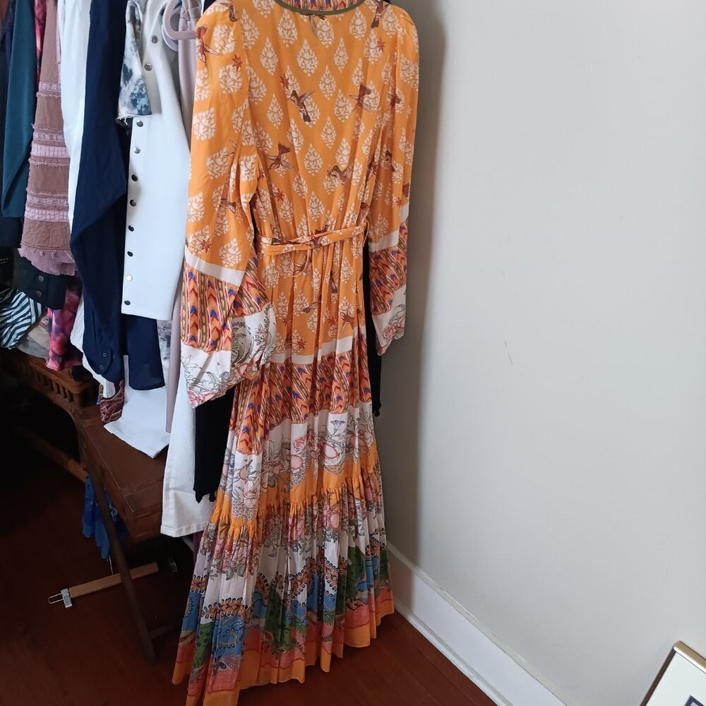 NWT Birds Flowers Alligators Cotton Maxi Sunflower Yellow Long Sleeve Dress - Picture 8 of 15